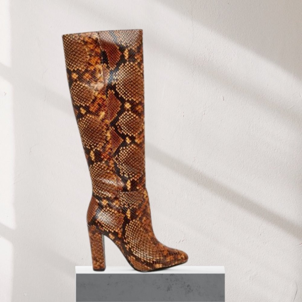 Aldo Women's Brown Etassi Snake Effect Leather Heeled Knee High Boots, Size 7.5